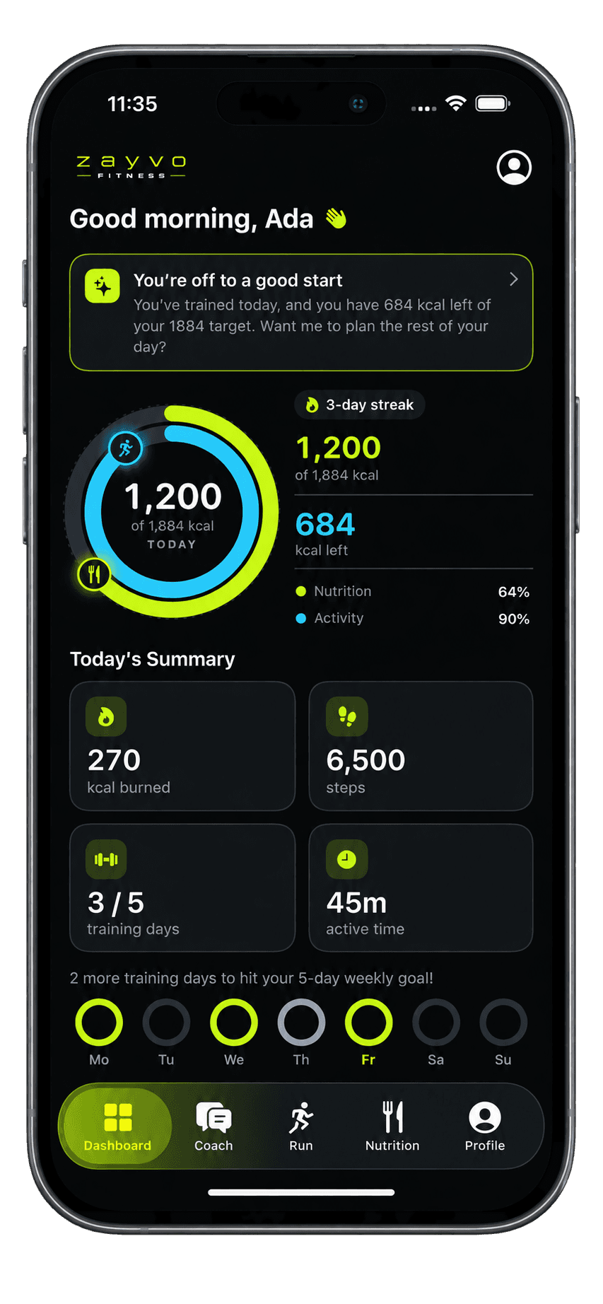 Zayvo dashboard showing today's nutrition and activity rings, a 3-day streak, calories burned, steps, training days and active time